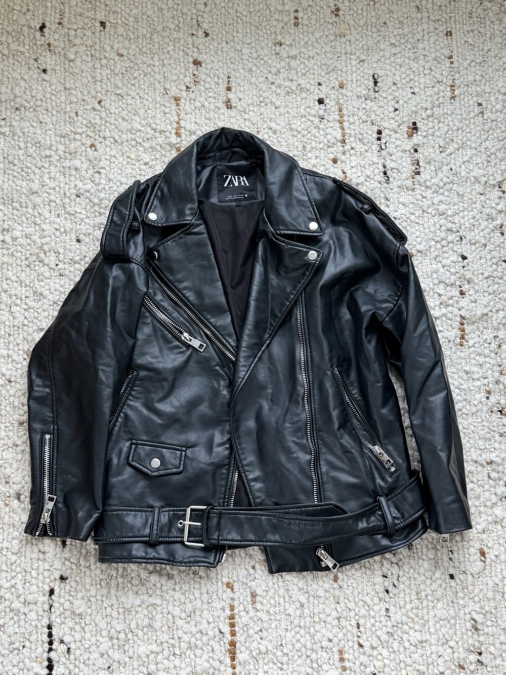 Zara Black Faux Leather Moto Jacket with Belt